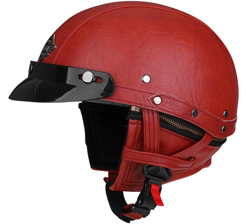 Woljay Vintage Retro Leder Motorrad Halbhelm Herren Damen Erwachsene für Cruiser Scooter Bike mit Schutzbrille Maske - DOT ECE geprüft (Red,S) von Woljay