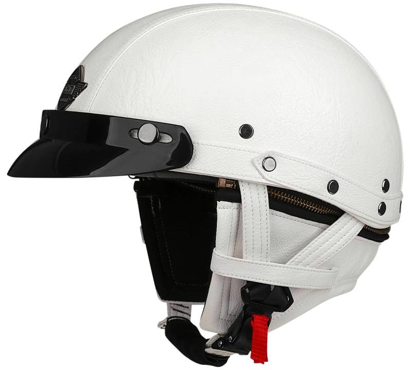 Woljay Vintage Retro Leder Motorrad Halbhelm Herren Damen Erwachsene für Cruiser Scooter Bike mit Schutzbrille Maske - DOT ECE geprüft (White,M) von Woljay