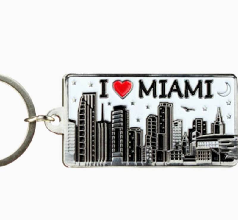 World By Shotglass Miami White Skyline Rechteckiger Metall-Schlüsselanhänger, 5,7 x 3,2 cm, Mehrfarbig, 2.25" X 1.25" von World By Shotglass