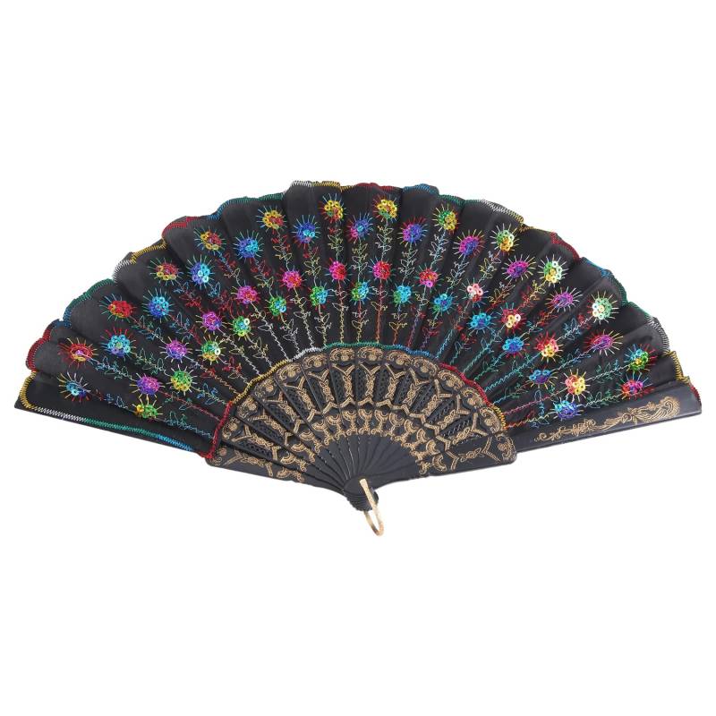 Wrtysully Farbiges gesticktes Blumenmuster Schwarz Tuch-faltender Handventilator fuer von Wrtysully