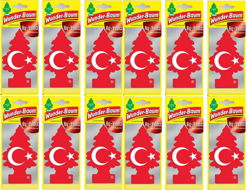 12 Stück HAVA spreyi koku ağacı Ay Yildiz Türkische Flagge (Vanille) Wunder-Baum Lufterfrischer Duftbaum inkl. 1 x Glasreinigungstuch von SP Großhandel Gratiszugabe (Ay Yildiz) (12) von Wunderbaum