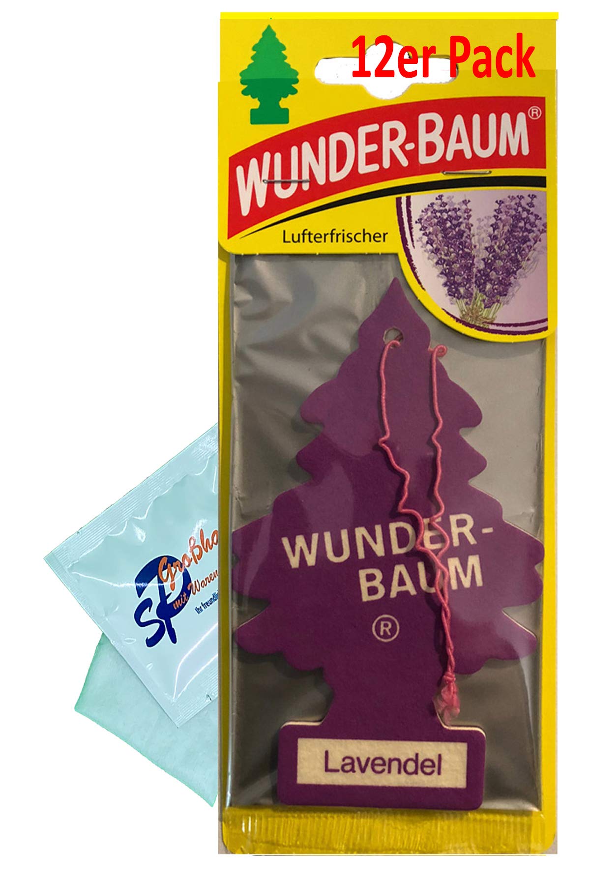 12 Stück Lavendel Wunder-Baum Lufterfrischer Duftbaum inkl. 1 x Glasreinigungstuch von SP Großhandel Gratiszugabe (Lavendel) von Wunderbaum