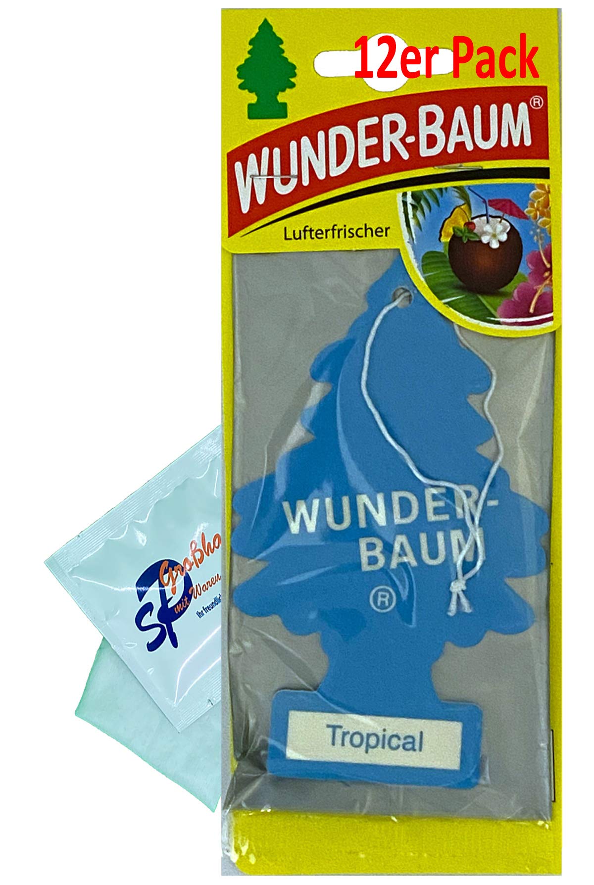 12 Stück Tropical Wunder-Baum Lufterfrischer Duftbaum inkl. 1 x Glasreinigungstuch von SP Großhandel Gratiszugabe (Tropical) von WUNDER-BAUM