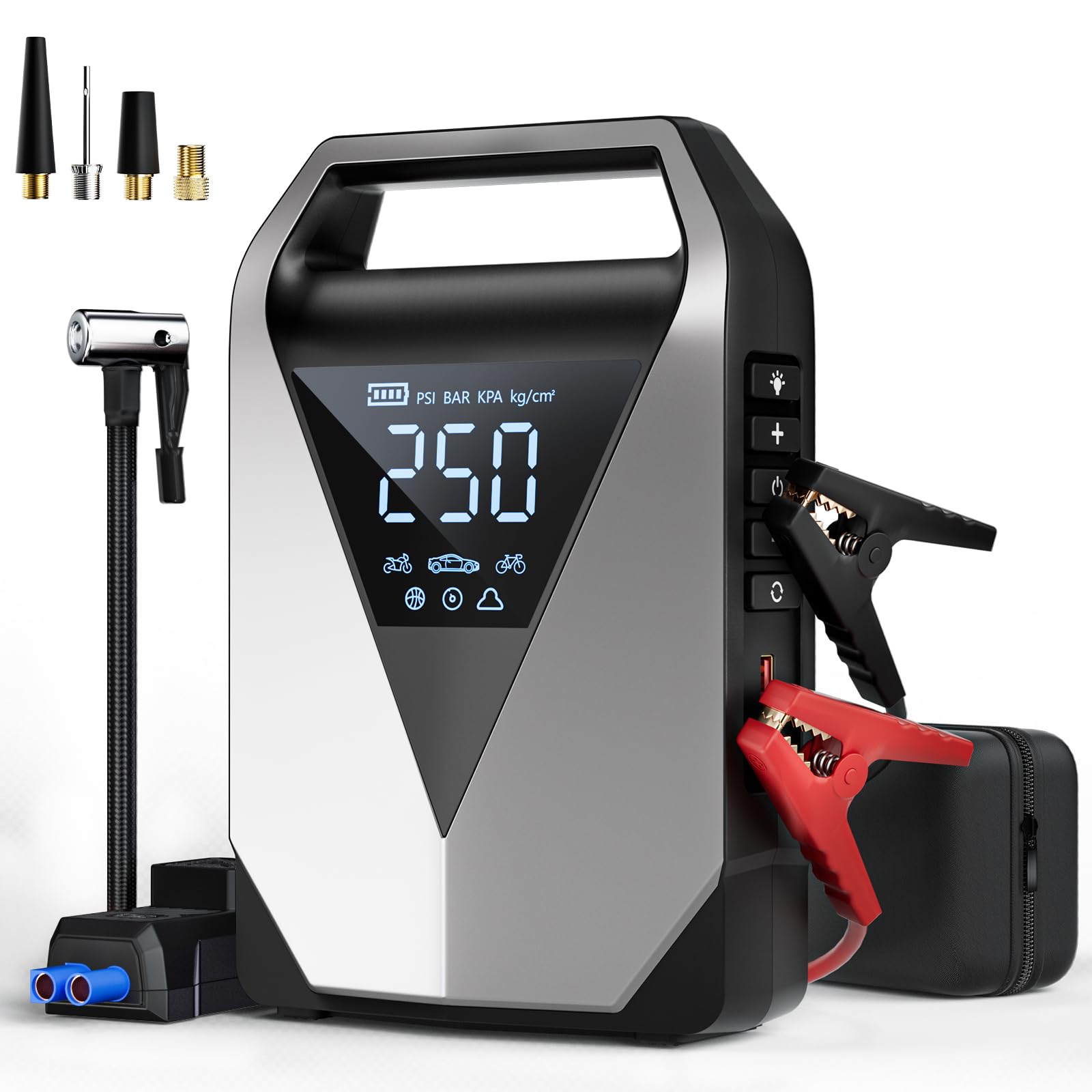 Wyxron Starthilfe Powerbank mit Kompressor, 6in1 Auto Booster Starthilfe 150PSI 3000A für 12V Jump Starter, Autostarter mit LCD Bildschirm/QC3.0 Aufladen/LED(All Benzin/8L Diesel) von Wyxron