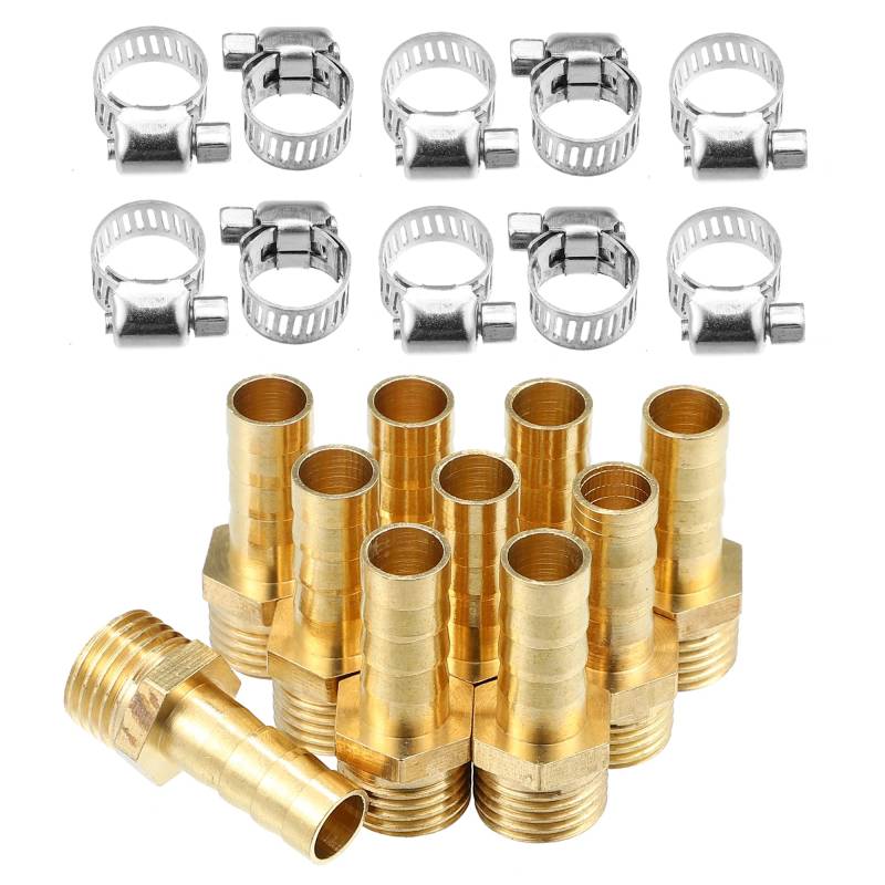 X AUTOHAUX 10er-Set 8mm Schlauchtülle Außendurchmesser mit Widerhaken auf 1/4 Zoll BSP Schlauchverschraubung Außengewinde Adapter,Schlauchanschluss Messing Schlauchmuffen mit Klemmen von X AUTOHAUX