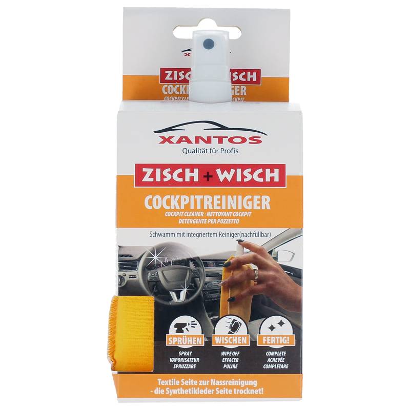 XANTOS Cockpitpflege Auto - Zisch und Wisch All-in-One Duo Schwamm inklusive 40ml Sprühflasche klein mit Cockpit Reiniger für Auto, Wohnmobil oder Wohnwagen - Autopflege für zwischendurch von XANTOS