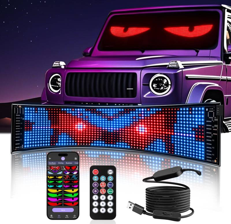 XAXVSTS Programmierbar Led Augen für Auto,47.5 X 12cm,LED Anzeigetafel mit Bluetooth-App & Fernbedienung,led Leuchtschild USB 5V | Devil Eyes LED Laufschrift für LKW, Werbung & Party-Deko von XAXVSTS