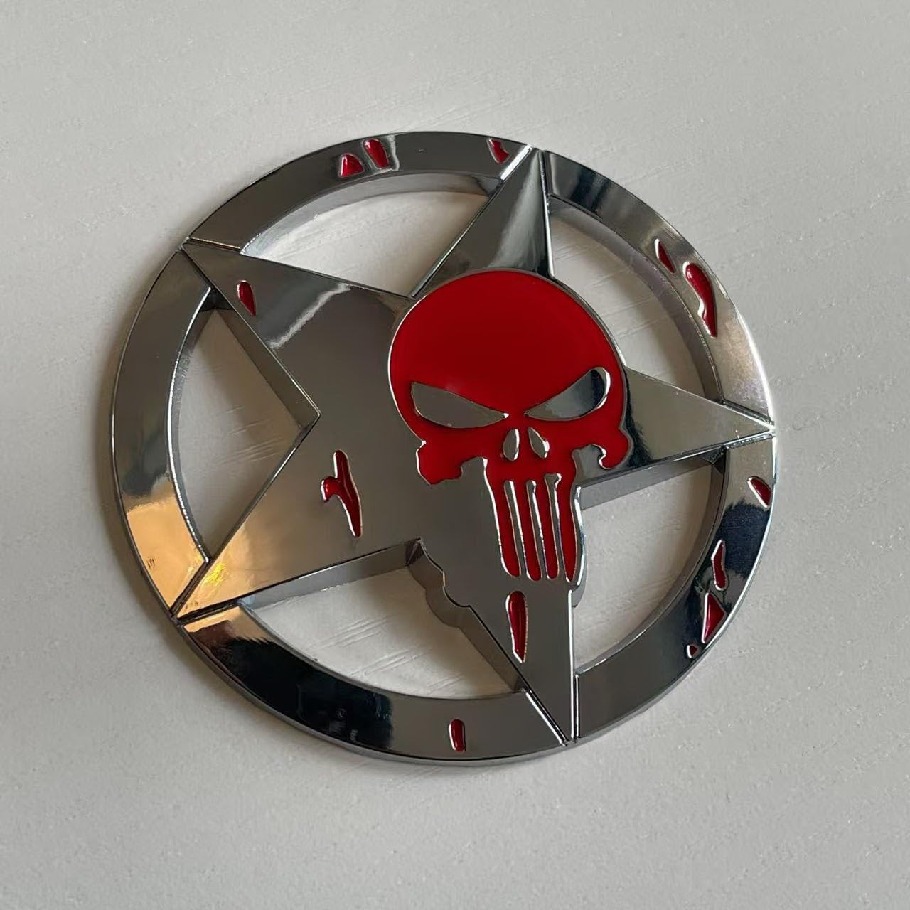 3D Punisher Skull Stern Metall Emblem Badge Aufkleber Auto Kfz Sticker (Silber Rot) von XCBW