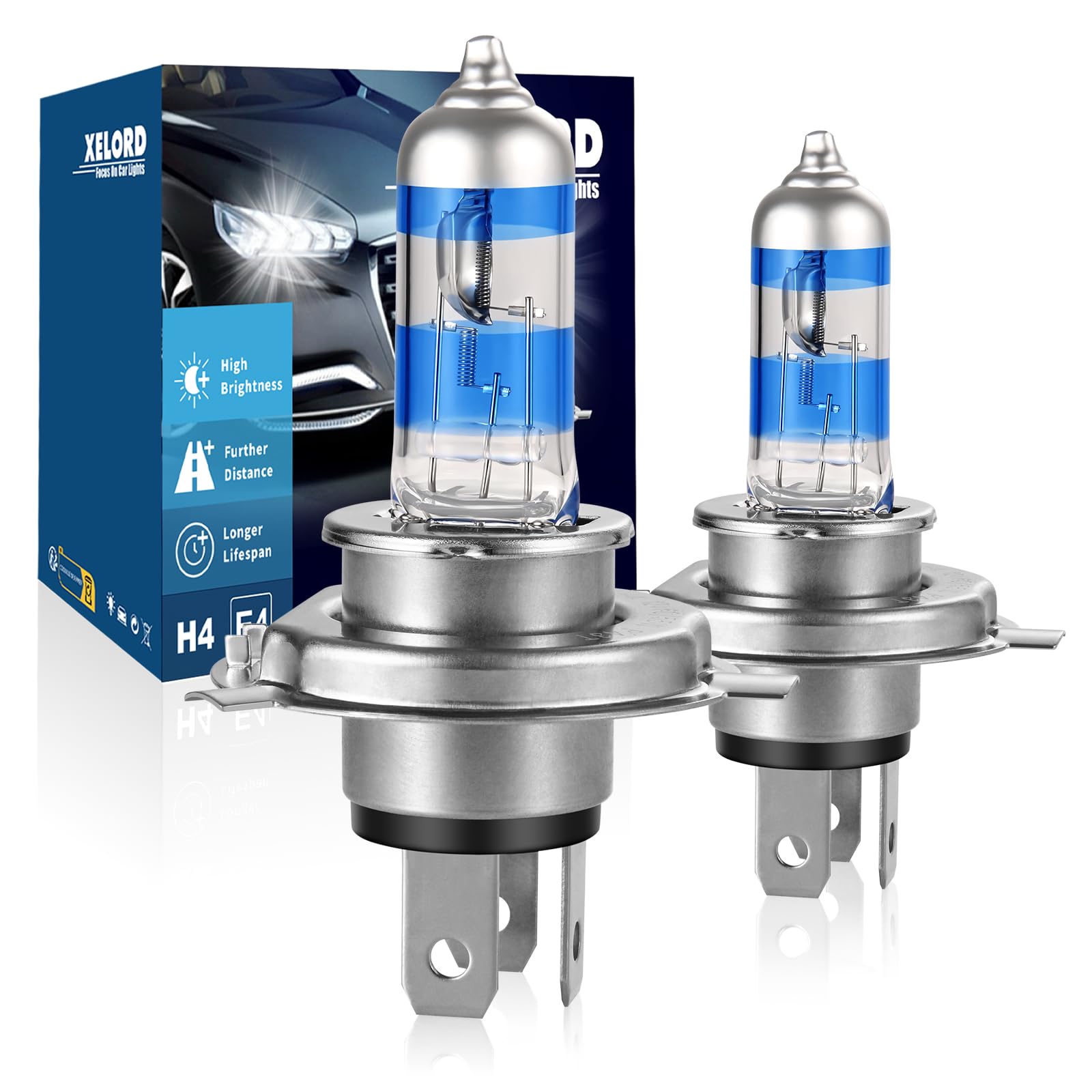 XELORD H4 55W Halogen Scheinwerferlampe,5000K Weiß,12V Auto,E-Prüfzeichen (2 Lampen) von XELORD