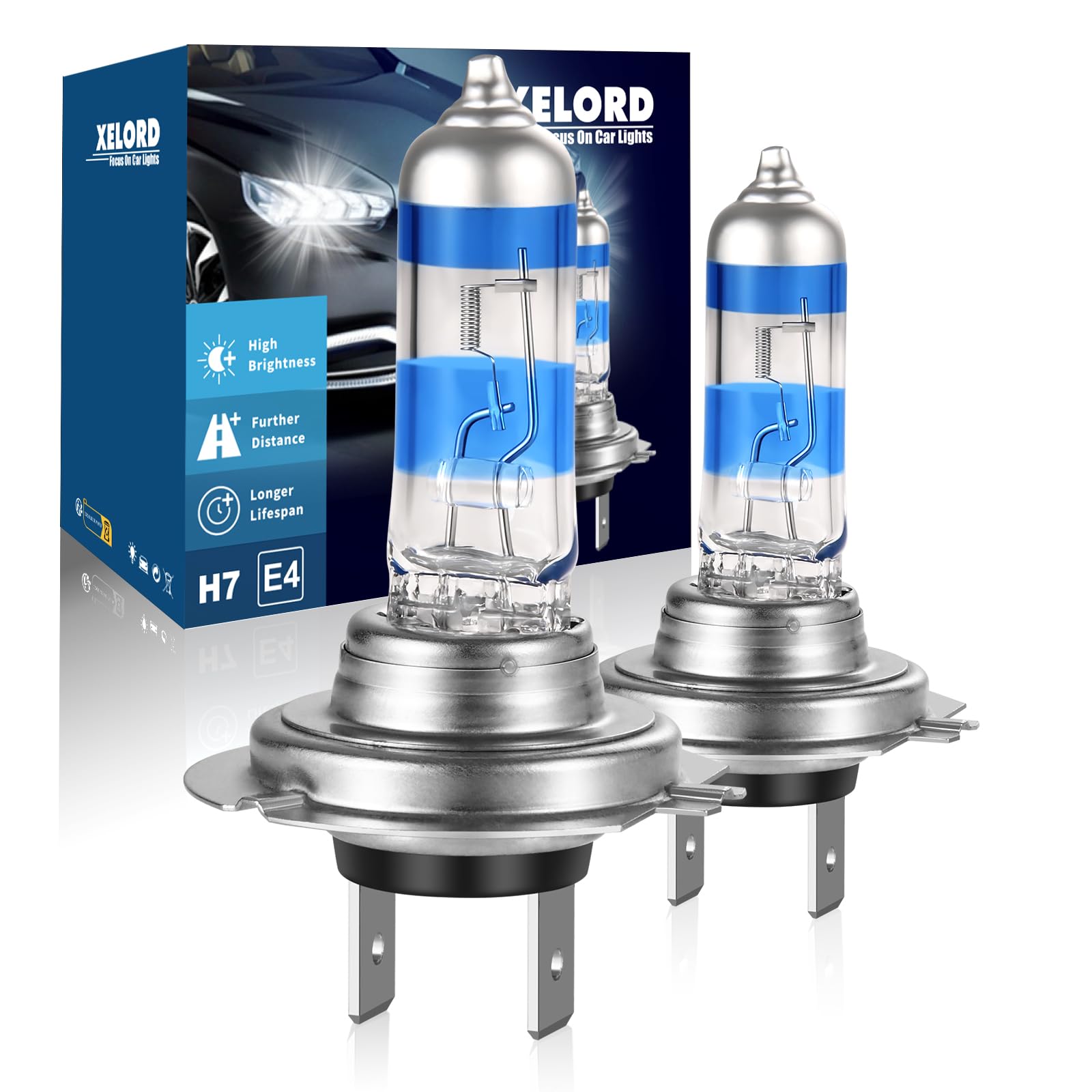 XELORD H7 55W Halogen Scheinwerferlampe,5000K Weiß,12V Auto,E-Prüfzeichen (2 Lampen) von XELORD