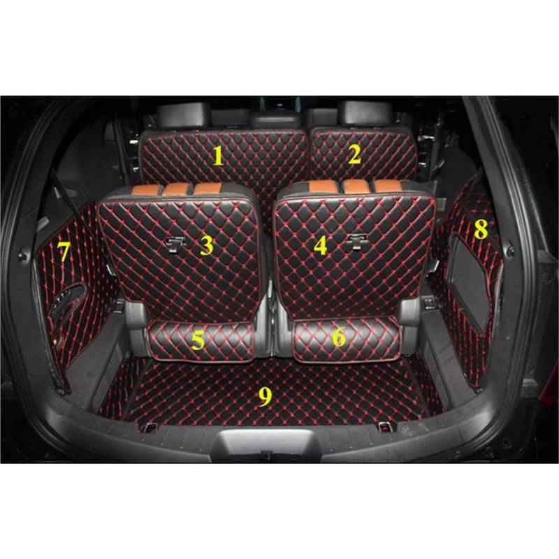 Kofferraummatte Für Ford Für Explorer 7 Sitze 2018 2019 2020 2021 Vollen Satz Auto Stamm Matten Boot Teppiche Cargo-Liner Matte Kofferraum Schutzmatte(Black with red) von XIAOYANS
