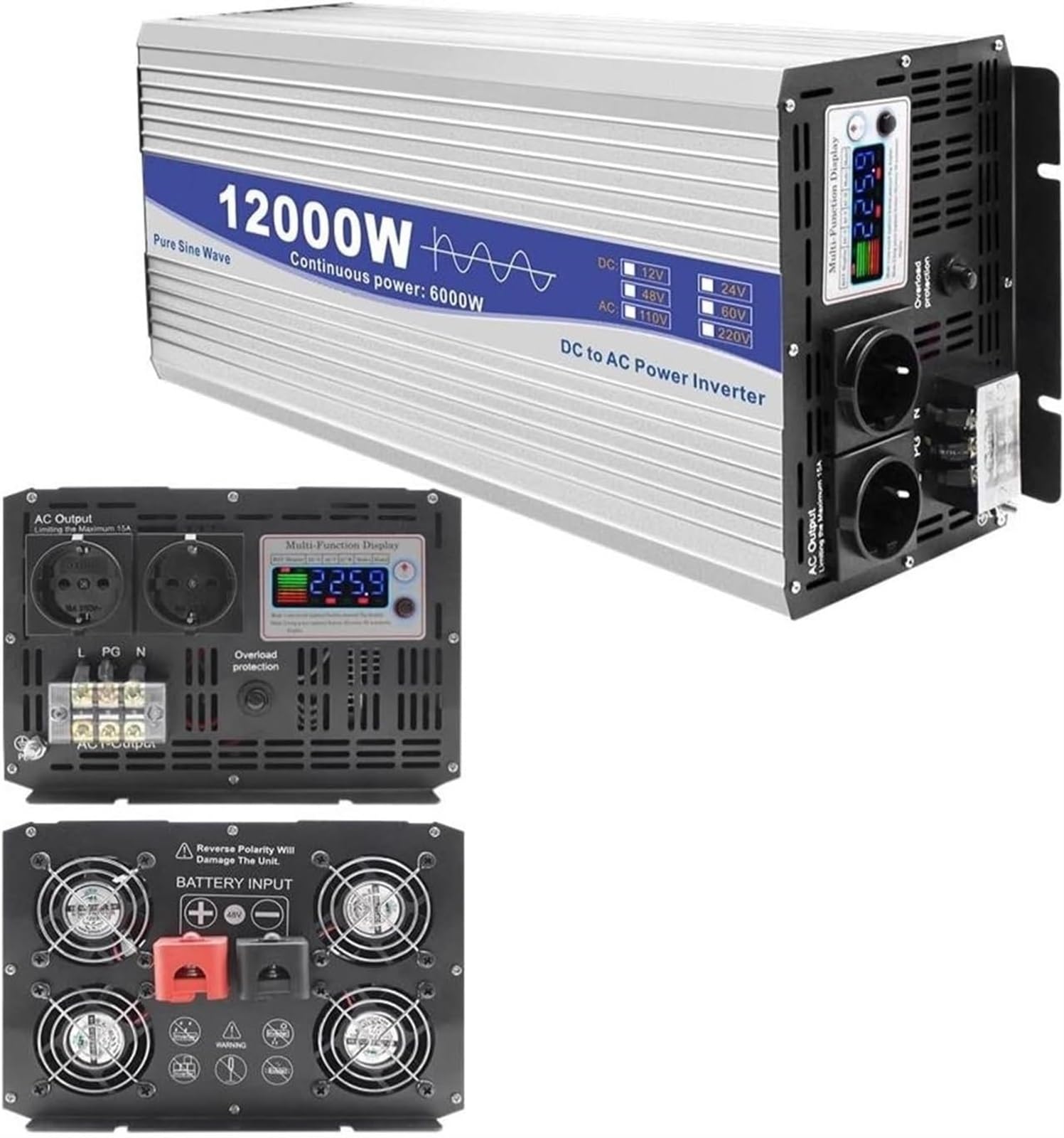 Wechselrichter 6000W 8000W 12000W Reiner Sinus Spannungswandler DC 12V 24V 48V 60V 72V auf 220V 230V 240V AC Inverter KFZ Umwandler Stromwandler Konverter mit LED,Steckdose(12000W,24Vto110V) von XINGSHANG