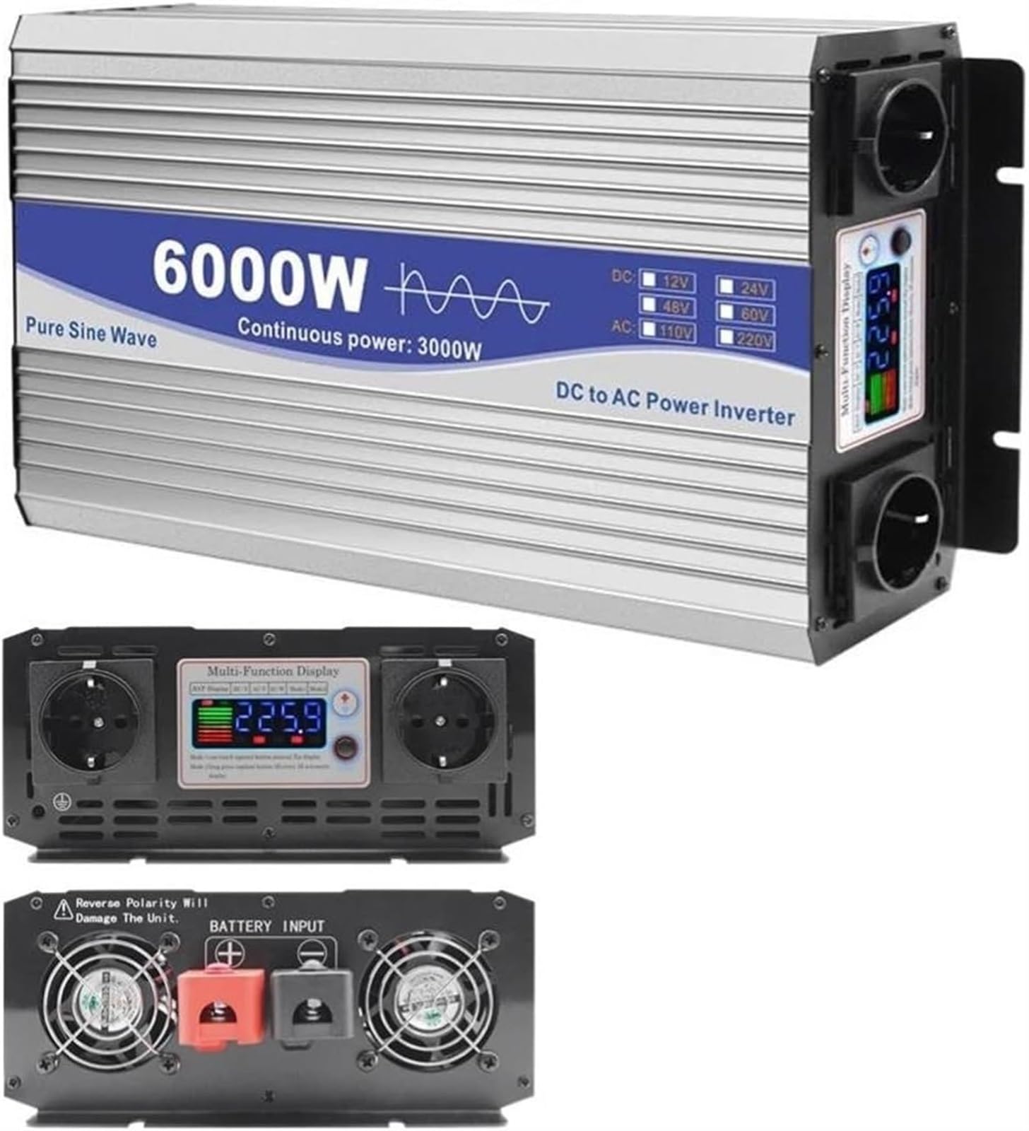 Wechselrichter 6000W 8000W 12000W Reiner Sinus Spannungswandler DC 12V 24V 48V 60V 72V auf 220V 230V 240V AC Inverter KFZ Umwandler Stromwandler Konverter mit LED,Steckdose(6000W,24Vto220V) von XINGSHANG