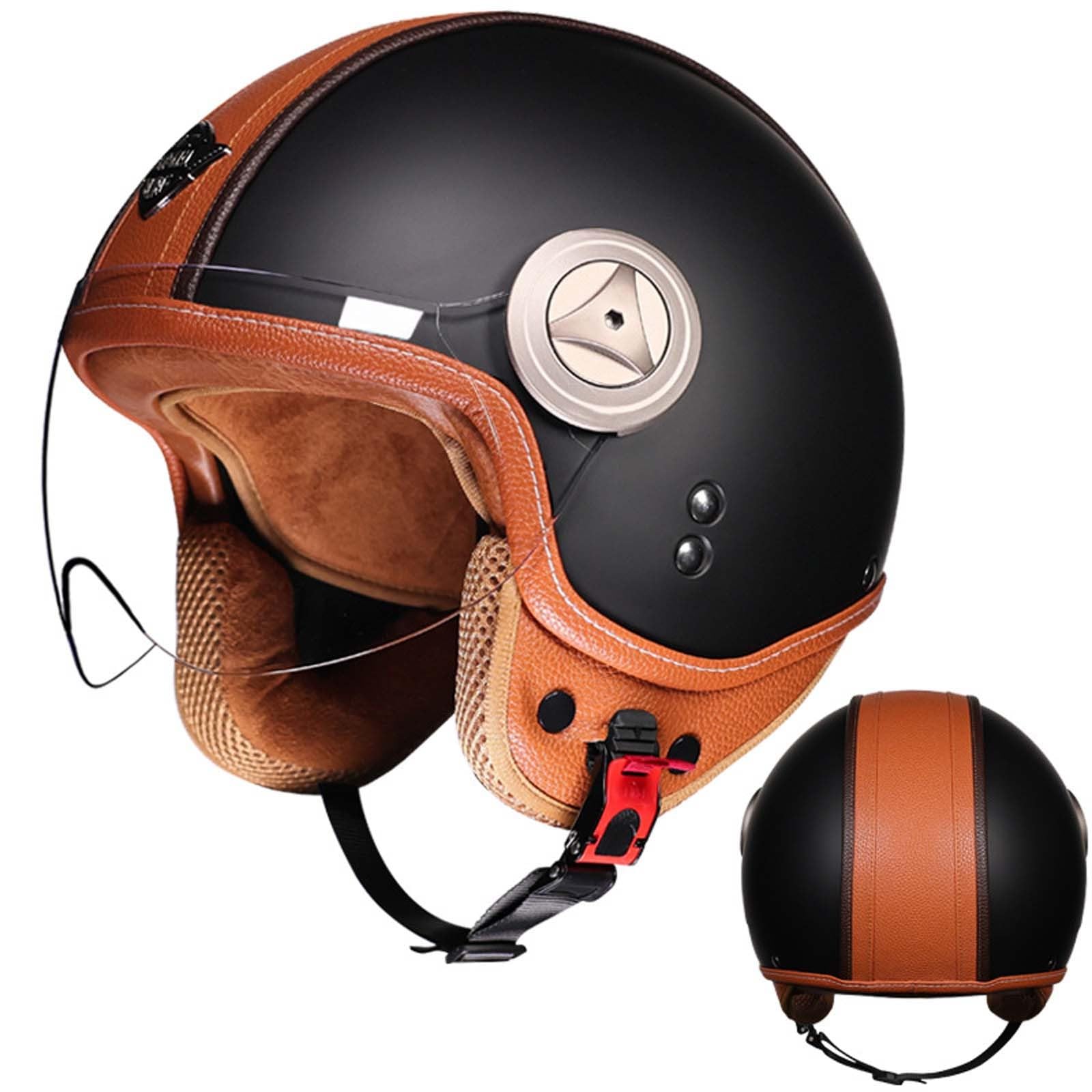 3/4 Retro-Motorradhelm, Doppelschicht-Visier, Herausnehmbares Innenfutter, Ohrenschützer, ECE/DOT-Zertifizierung, Unisex B, M/(55~56cm) D,XL(59-60CM) von XLGNXXL