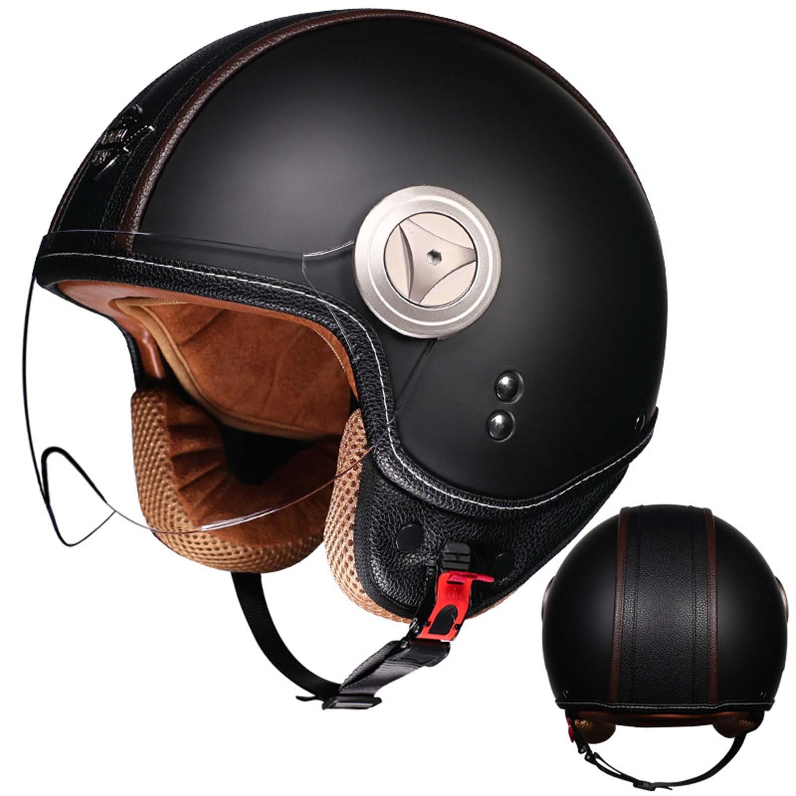 3/4 Retro-Motorradhelm, Doppelschicht-Visier, Herausnehmbares Innenfutter, Ohrenschützer, ECE/DOT-Zertifizierung, Unisex B, M/(55~56cm) E,2XL(61-62CM) von XLGNXXL