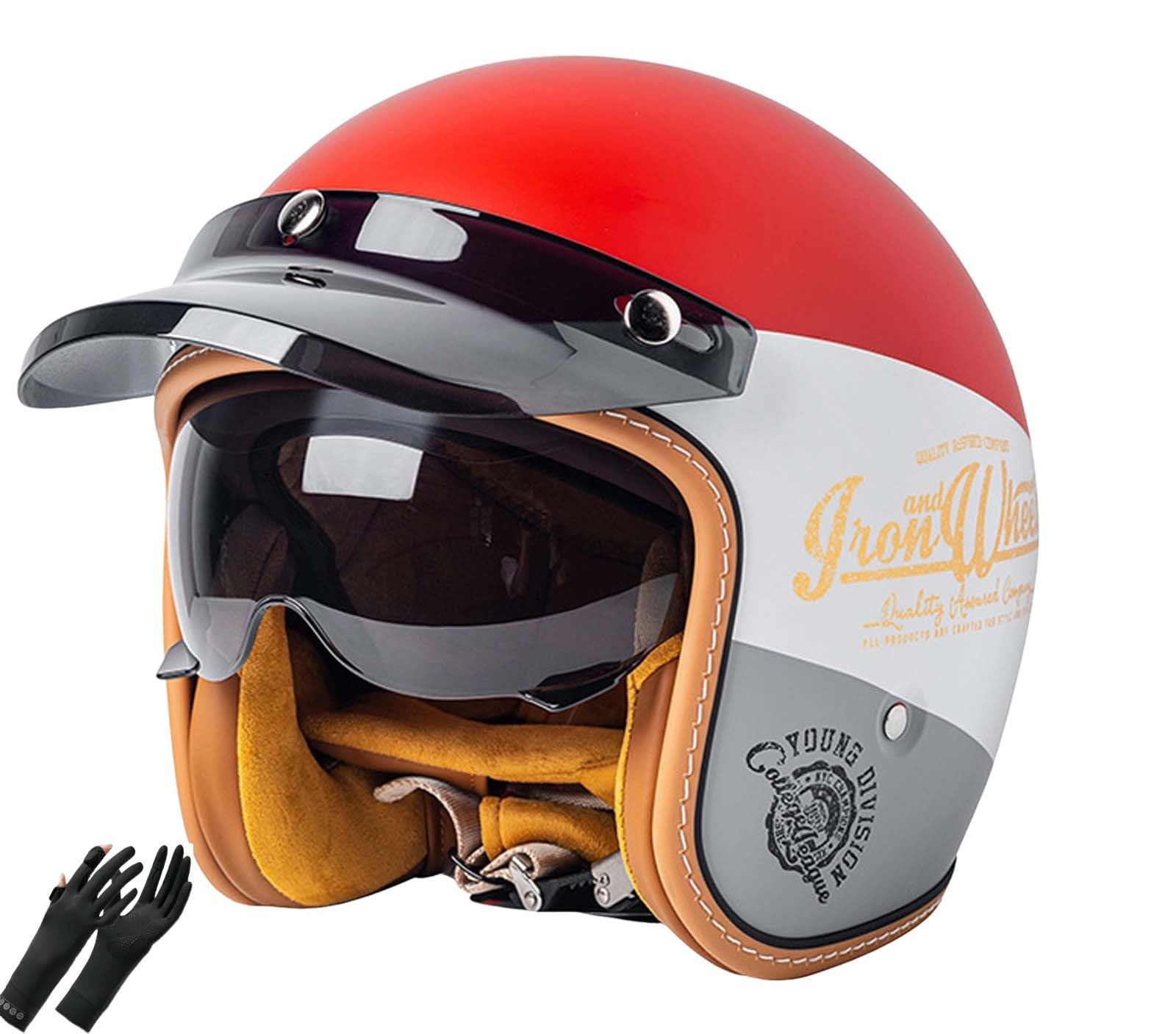 Vintage-Motorradhelm, 3/4-Motorradhelm mit Visier, Leichter Motorradhelm, geeignet für Erwachsene Männer und Frauen, DOT/ECE-Zertifiziert D,XL(59-60CM) von XLGNXXL
