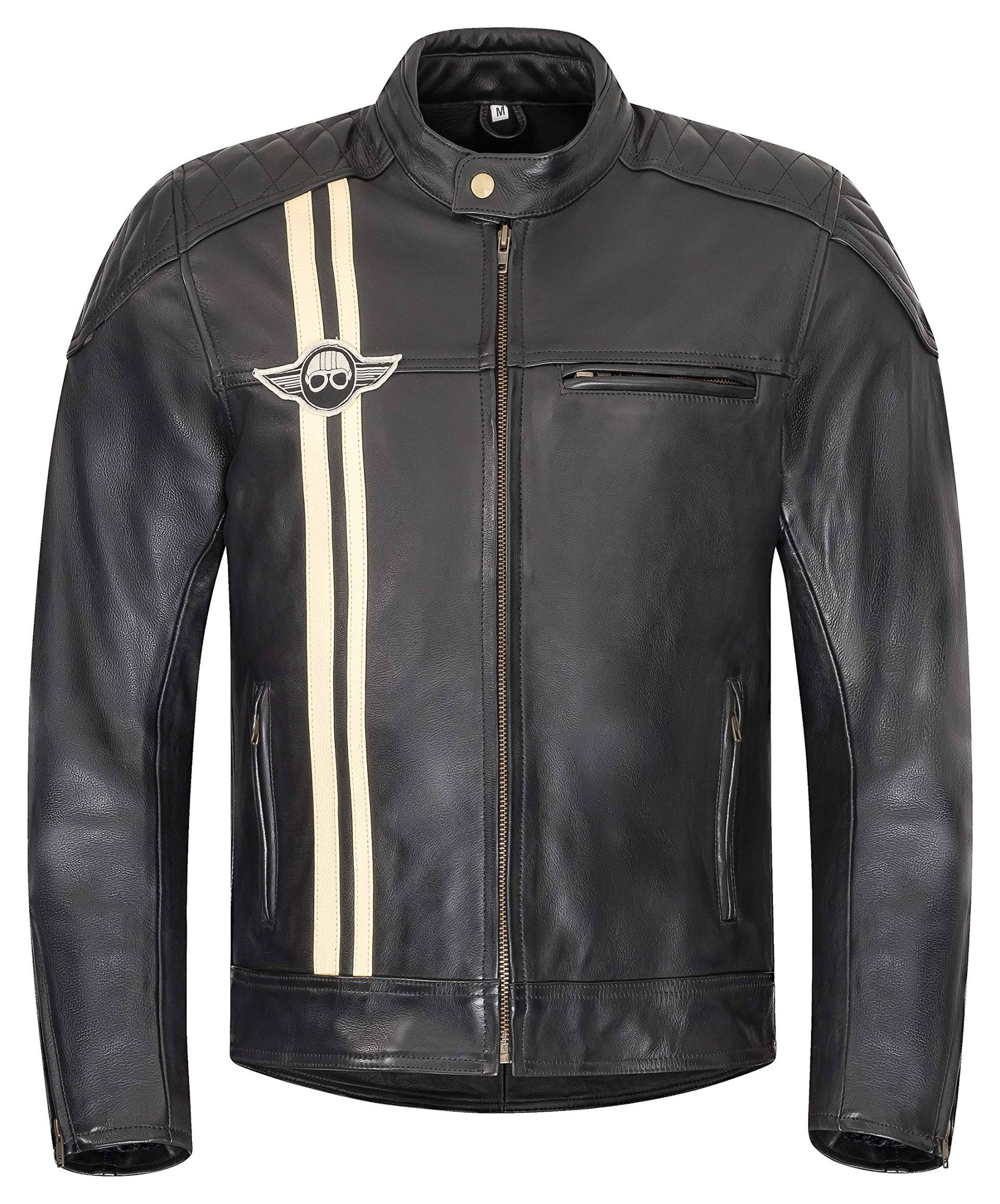 XLS Motorradjacke Classic Stripes für Herren schwarz aus Leder Retro Bikerjacke herausnehmbares Thermofutter Größe 4XL von XLS