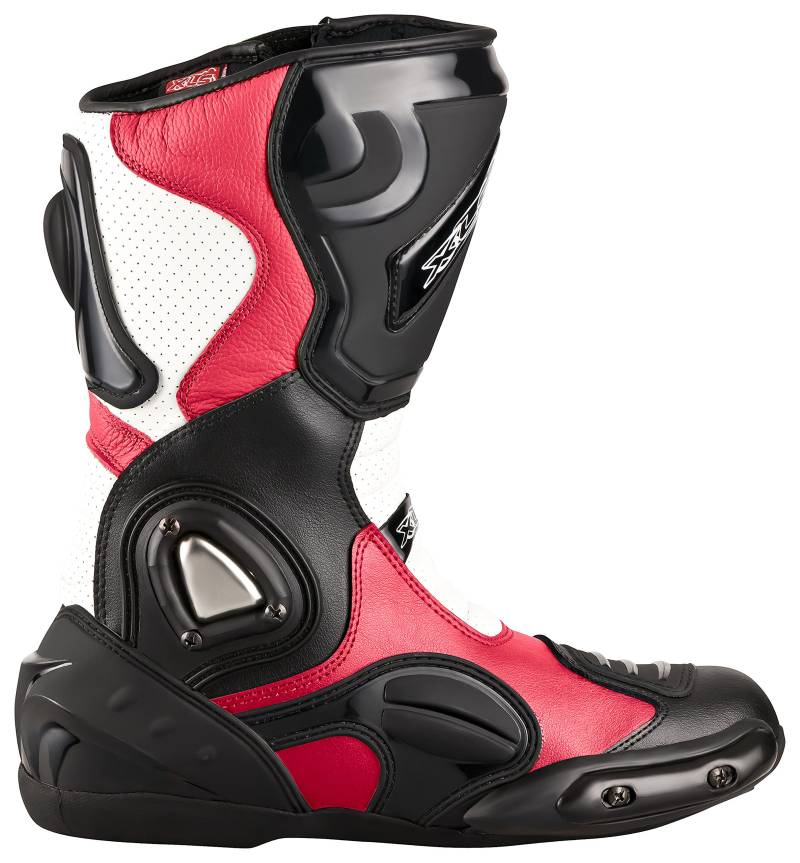 XLS Motorradstiefel, Racing Boots aus Echtleder, Herren Motorradschuhe in Rot/Schwarz/Weiß, wasserabweisend, inkl. Knöchelschutz (46) von XLS