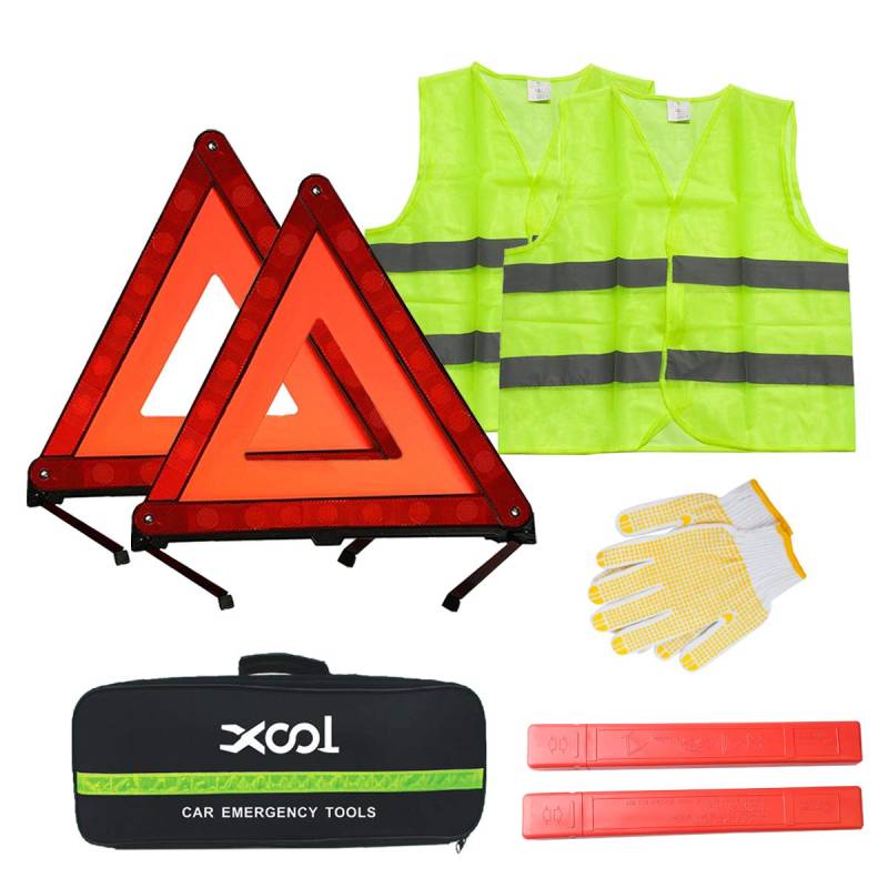 XOOL Notfall-Warndreieck-Set – Pannen-Sicherheitskit mit reflektierenden Warndreiecken, Warnwesten, Aufbewahrungstasche & Handschuhen für Autopannen & Notfälle von XOOL