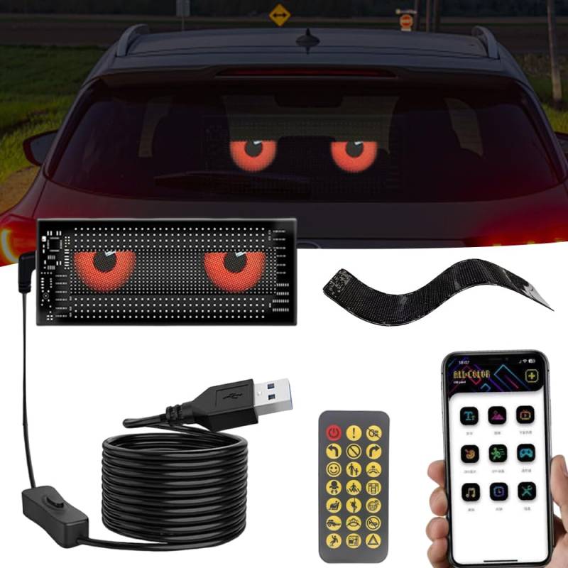 XPJBKC Led Display Auto, 7x17 CM Flexibler Led Anzeigetafel, Teufelsaugen-Lichter für Autos, Led Schild Auto, Led Anzeige Programmierbar mit Bluetooth-App, für Auto, LKW, Geschäft, Bar, Fenster von XPJBKC