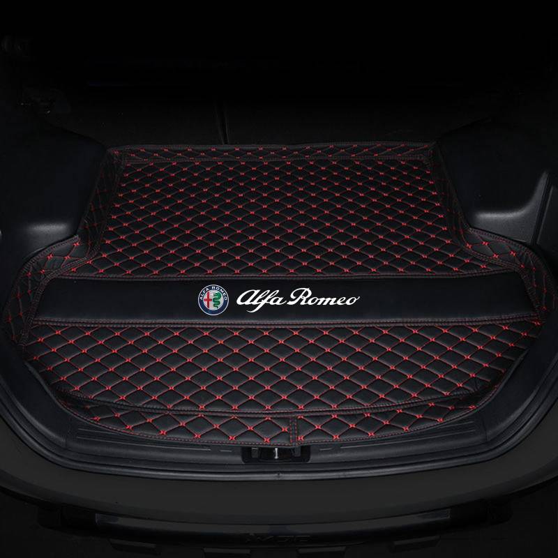 XSYBHD Für Alfa Giulia 2017-2022 Leder Kofferraummatte, Wasserdicht Kofferraumwann, rutschfeste Kofferraum Schutzmatte, Kratzfest Laderaumwanne, Pflegeleichte Teppich für Kofferraum(Black red) von XSYBHD
