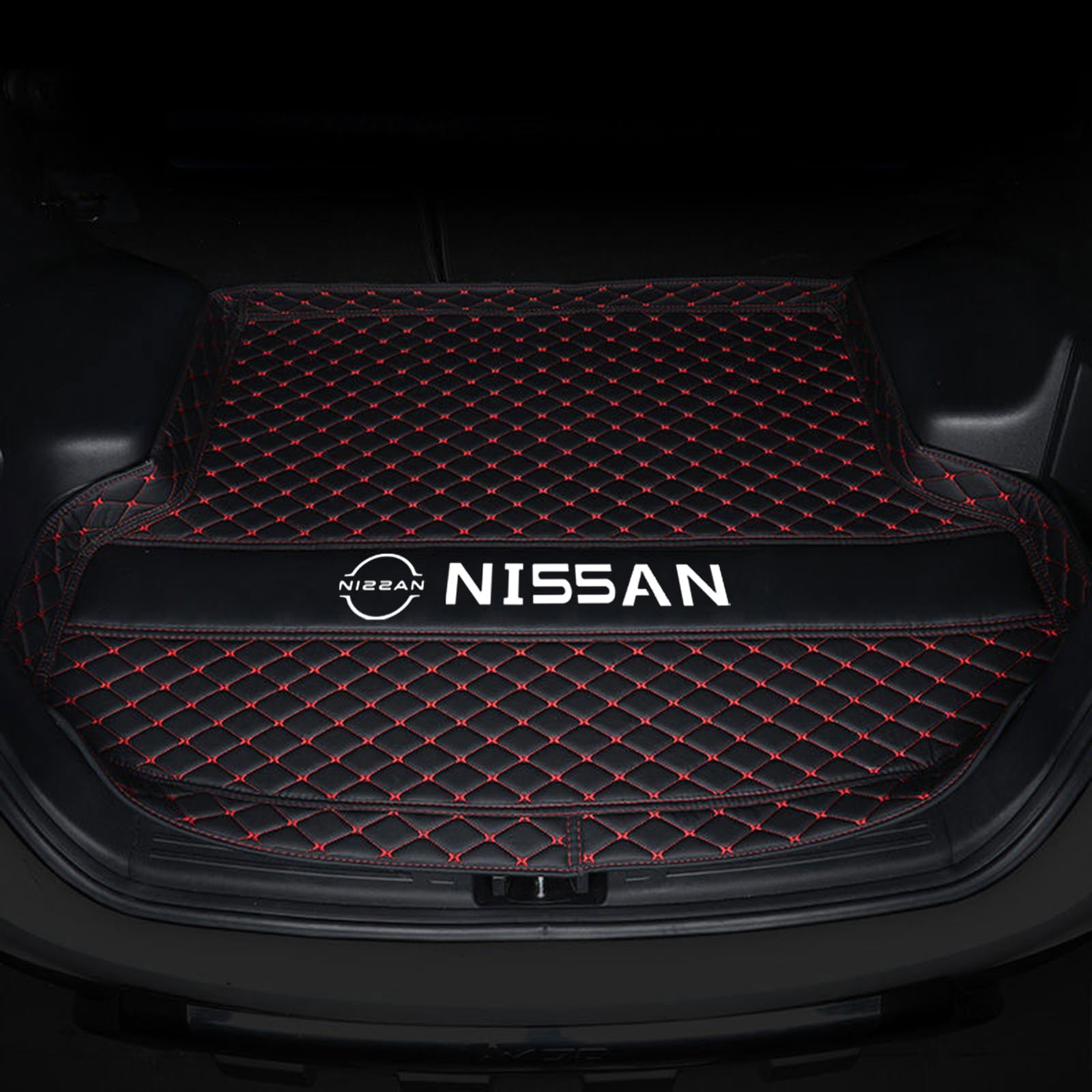 XSYBHD Für Nissan Tiida 2011-2025 Leder Kofferraummatte, Wasserdicht Kofferraumwann, rutschfeste Kofferraum Schutzmatte, Kratzfest Laderaumwanne, Pflegeleichte Teppich für Kofferraum(Black red) von XSYBHD