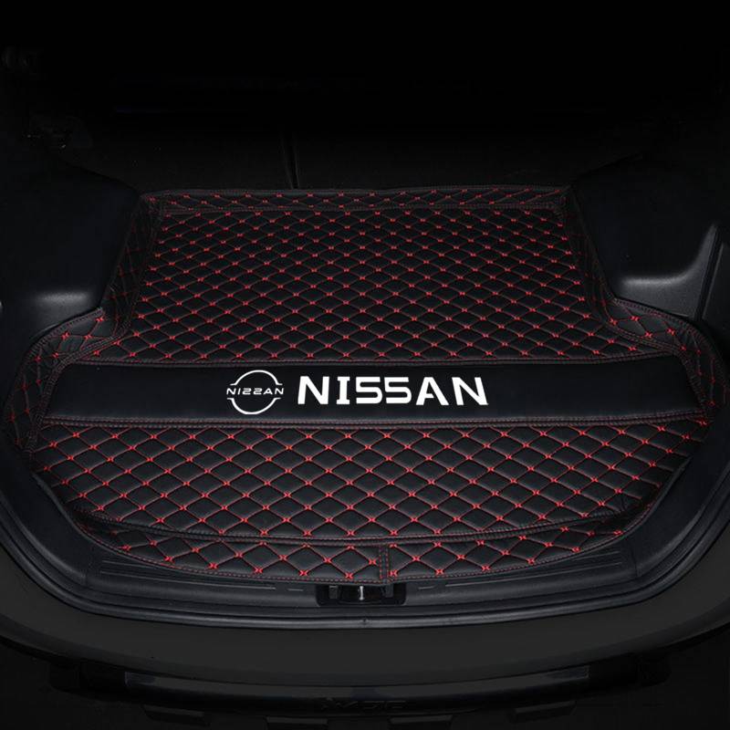 XSYBHD Für Nissan Tiida 2011-2025 Leder Kofferraummatte, Wasserdicht Kofferraumwann, rutschfeste Kofferraum Schutzmatte, Kratzfest Laderaumwanne, Pflegeleichte Teppich für Kofferraum(Black red) von XSYBHD