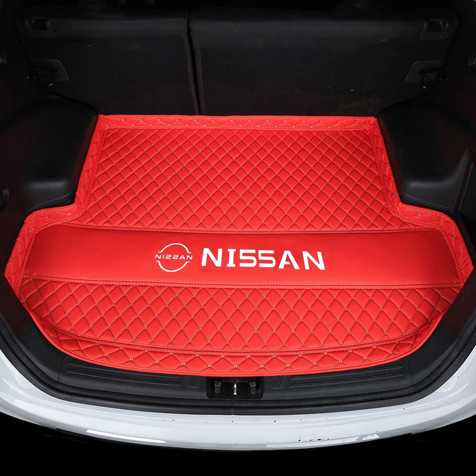 XSYBHD Für Nissan Tiida 2011-2025 Leder Kofferraummatte, Wasserdicht Kofferraumwann, rutschfeste Kofferraum Schutzmatte, Kratzfest Laderaumwanne, Pflegeleichte Teppich für Kofferraum(Red) von XSYBHD