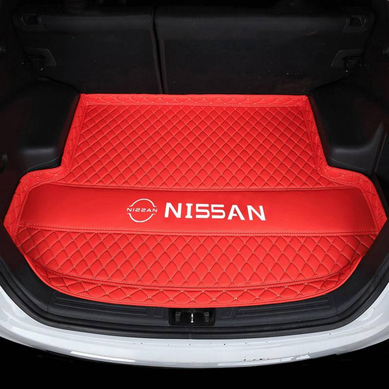 XSYBHD Für Nissan Tiida 2011-2025 Leder Kofferraummatte, Wasserdicht Kofferraumwann, rutschfeste Kofferraum Schutzmatte, Kratzfest Laderaumwanne, Pflegeleichte Teppich für Kofferraum(Red) von XSYBHD