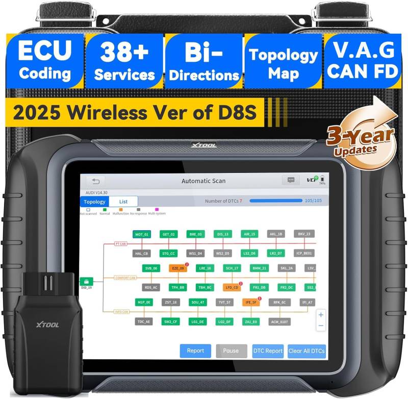 2025 XTOOL D8W OBD2 Diagnosegerät, Diagnosegerät Auto mit Topologie Mapping, Online Codierung, 38+ Resets, 4000+Aktiver Test, Vollständige Systemdiagnose, CANFD&DOIP, V.A.G-geführte, 3 Jahre Updates von XTOOL