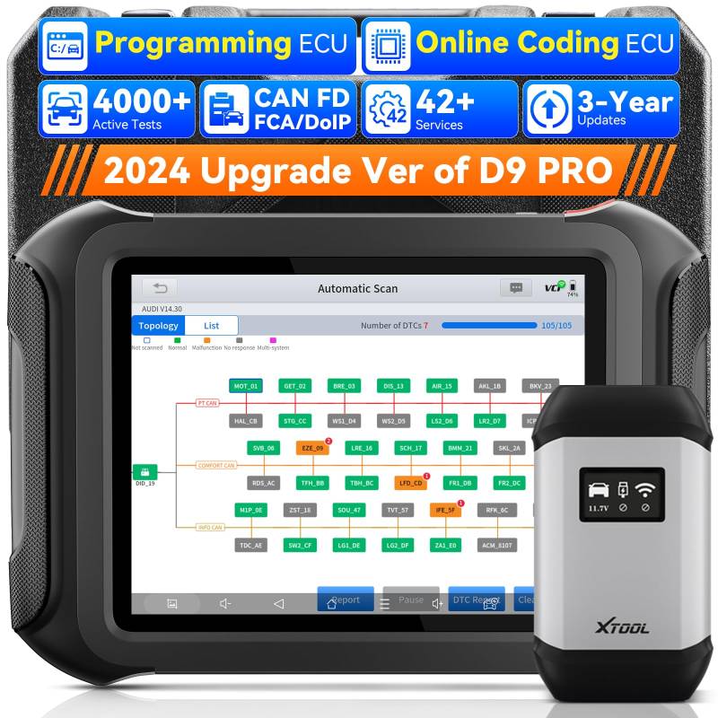 XTOOL D9S PRO OBD2 Diagnosegerät, ECU Online Programmierung&Codierung, Bidirektionale & Vollständige Diagnose, 42+ Resets, Topologie Mapping, FCA V2.0, DoIP & CAN FD, Upgraded D9S/D8W,3 Jahre Updates von XTOOL