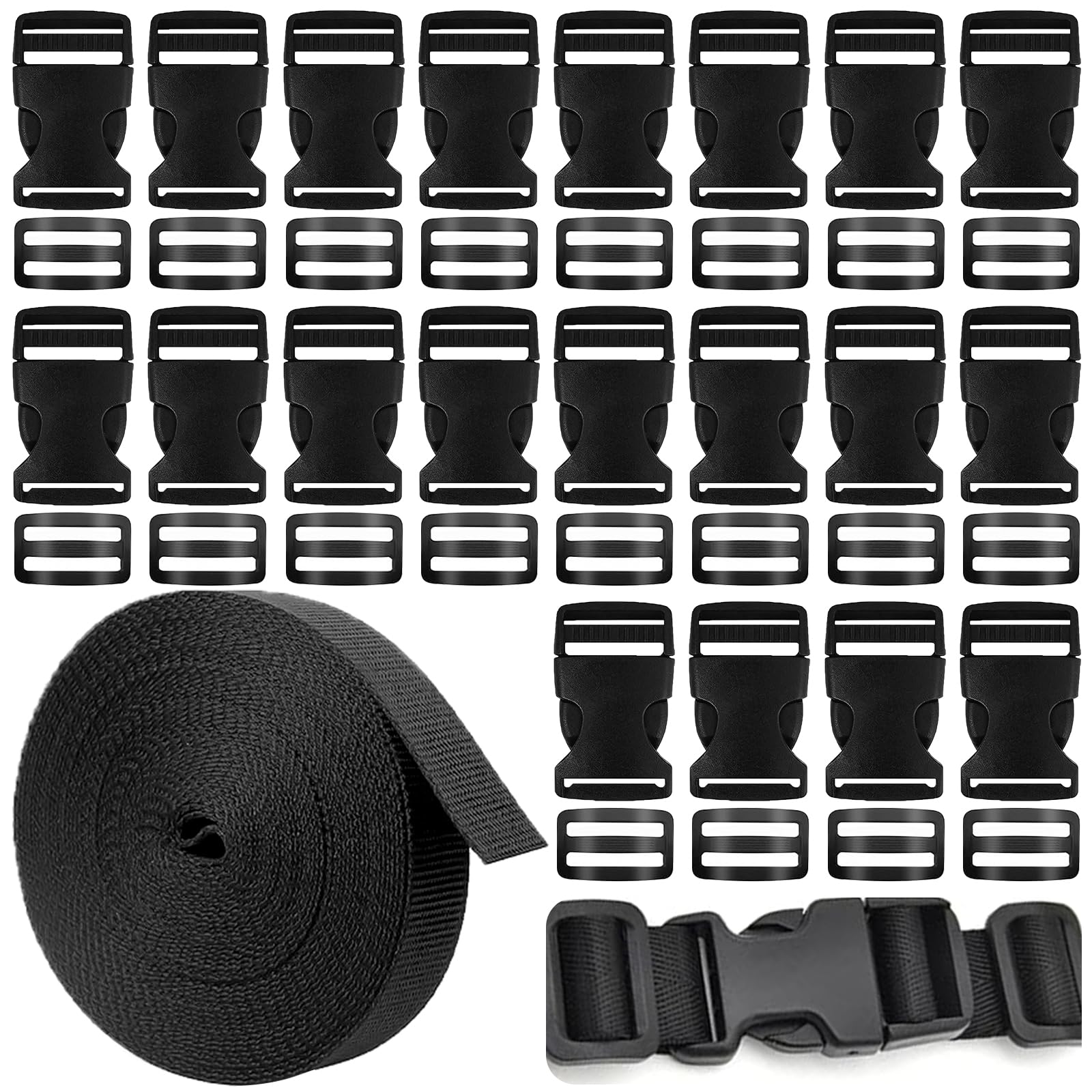 XTUDOU® Schnallen Gurtband Set, 20M Nylon Gurtband, mit 20 Paare Trapezförmige Schnalle, Einstellbare Verstellbare Schnallen Kunststoff Seitenschnallen, für DIY Bastelrucksack von XTUDOU