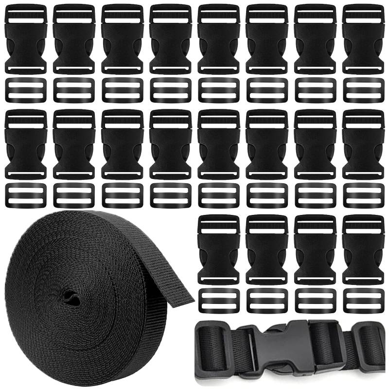 XTUDOU® Schnallen Gurtband Set, 20M Nylon Gurtband, mit 20 Paare Trapezförmige Schnalle, Einstellbare Verstellbare Schnallen Kunststoff Seitenschnallen, für DIY Bastelrucksack von XTUDOU