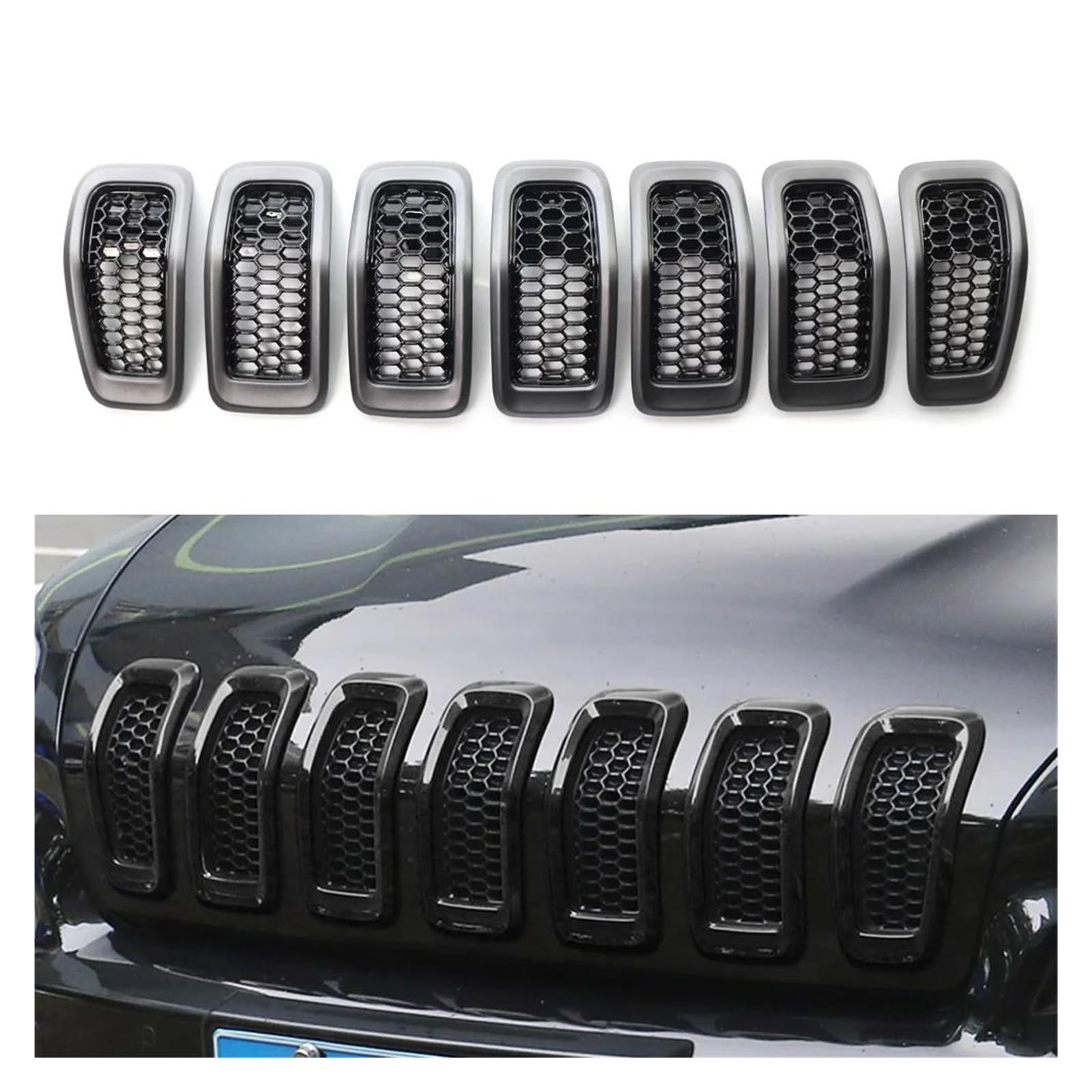 Front Kühlergrill Für Jeep Für Cherokee 2014 2015 2016 2017 2018 7 Stücke ABS Auto Kühlergrill Wabeneinsätze Grillabdeckung Trim Kühlergrill(Bright Black) von XVGUOYAN