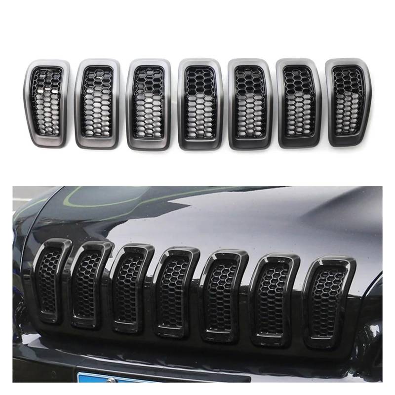 Front Kühlergrill Für Jeep Für Cherokee 2014 2015 2016 2017 2018 7 Stücke ABS Auto Kühlergrill Wabeneinsätze Grillabdeckung Trim Kühlergrill(Bright Black) von XVGUOYAN