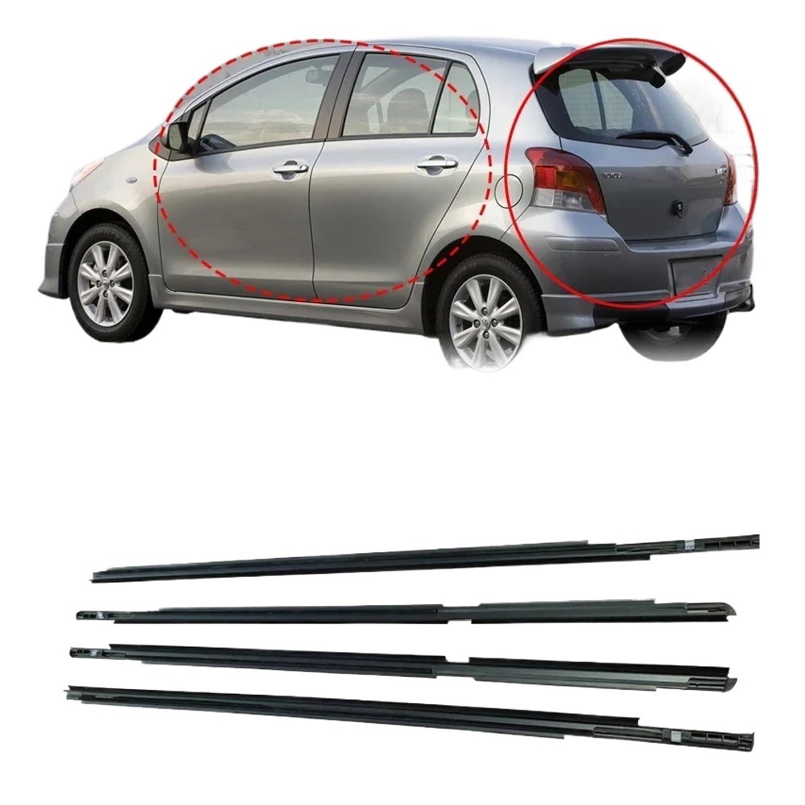 4-teiliges Fensterdichtungsprofil, kompatibel mit Toyota Yaris 2007–2016 (4 Türen), Gummidichtungsstreifen für die Vorder- und Rückseite der Seitenscheibe(For Hatchback 06-13) von XWBTRQLK