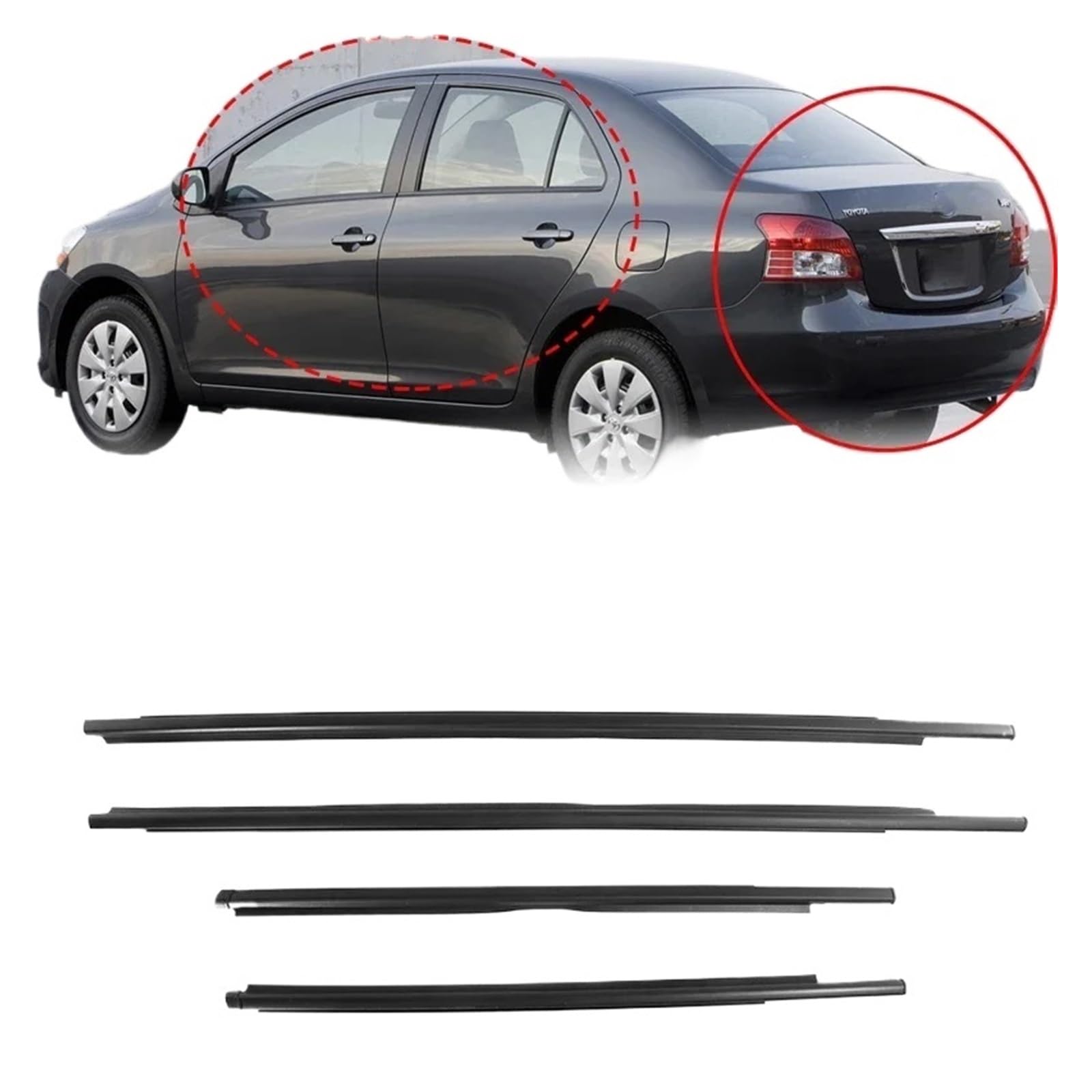 4-teiliges Fensterdichtungsprofil, kompatibel mit Toyota Yaris 2007–2016 (4 Türen), Gummidichtungsstreifen für die Vorder- und Rückseite der Seitenscheibe(For Sedan 07-16) von XWBTRQLK