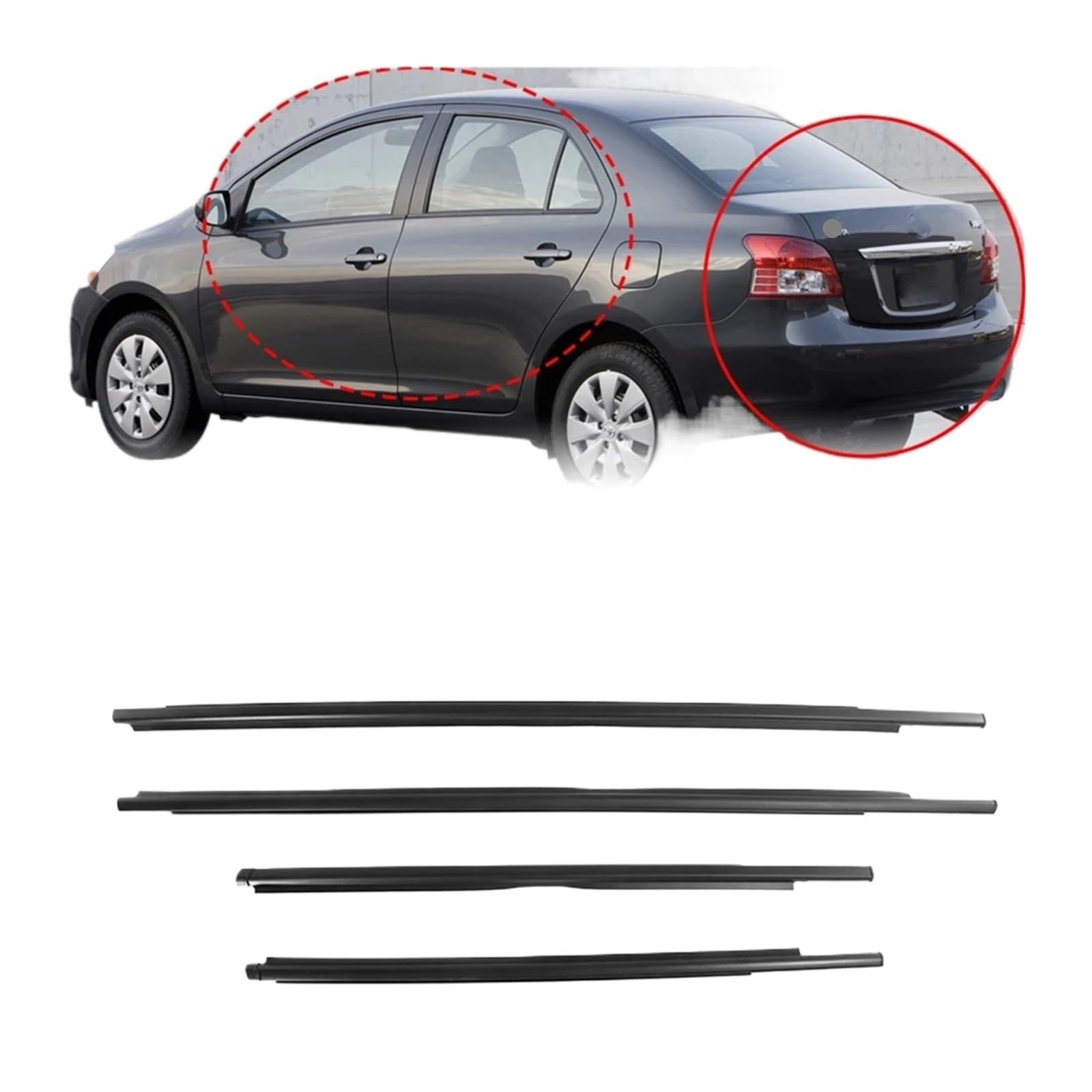 Kompatibel für Toyota Yaris 2007–2013 (4 Türen), 4-teilige Fensterdichtungen, vorne, hinten, Seitenglas, Außengummi-Dichtungsstreifen(For Sedan 07-16) von XWBTRQLK