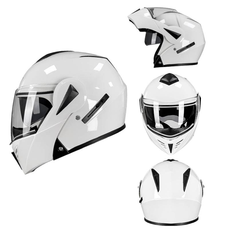 Klapphelm für Motorradfahrer mit HD-Doppelvisier, modularer Motorradhelm mit ECE-Zulassung, EIN Helm mit Mehreren Formen, herausnehmbares Innenfutter, Netz-Baumwollfutter,White A-2XL(60~61cm) von XYLGJYT