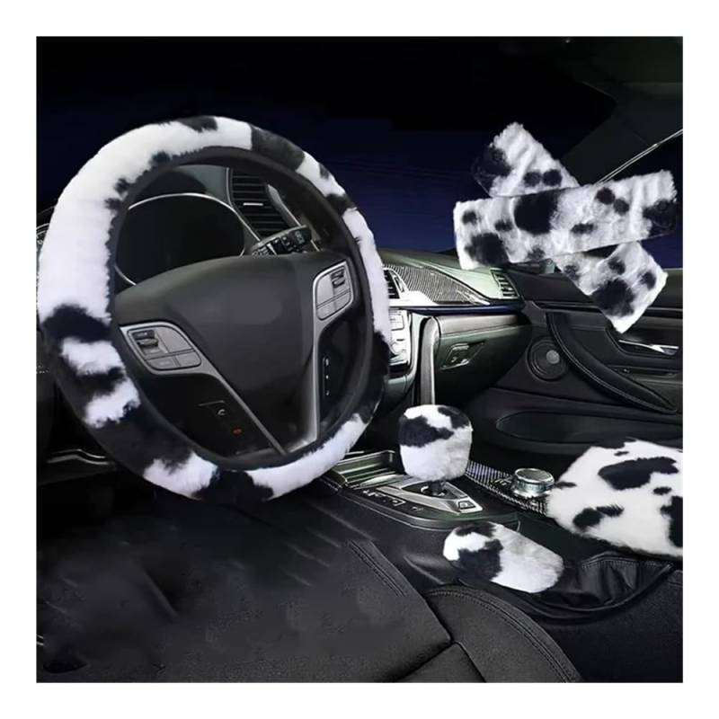 Lenkradbezug Lenkradhülle 6PCS Set Auto Innen Ästhetische Zubehör Flauschige Niedliche Kühe Lenkrad Abdeckung armlehne pad Sitz Gürtel Abdeckung von XYSZQJZYP