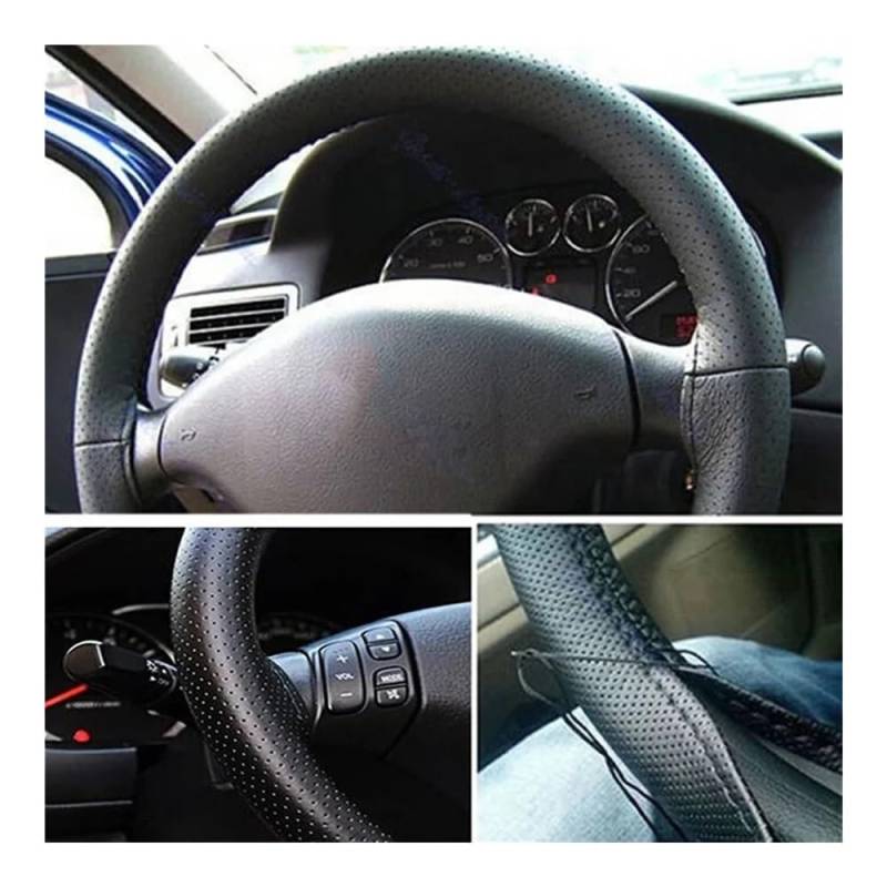 Lenkradbezug Lenkradhülle Auto Lenkrad Geflecht Abdeckung Nadeln Und Faden PU Auto Abdeckungen Suite DIY Textur Weiche Auto Zubehör Schwarz 37-38 cm von XYSZQJZYP