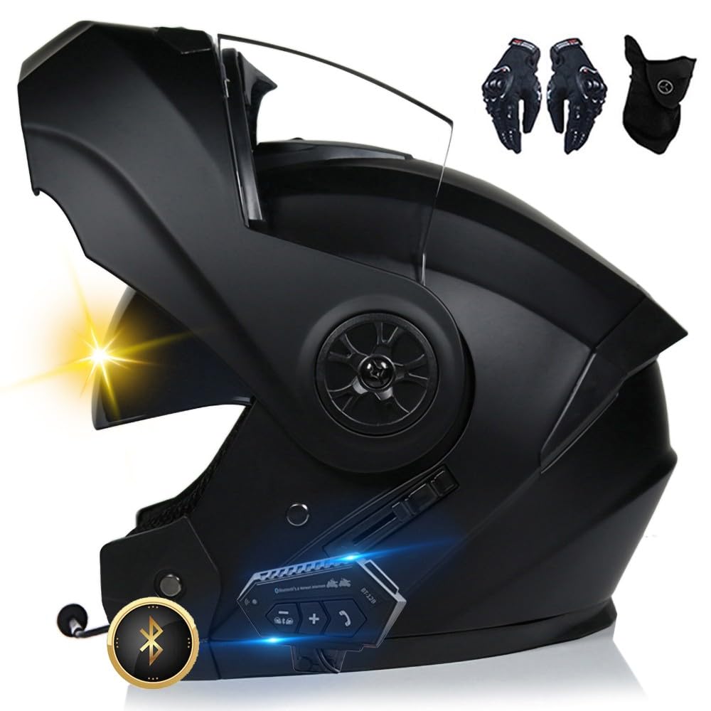 Bluetooth Motorradhelm, Vollvisierhelm mit 2 Fahrern Helm Bluetooth Intercom DOT/ECE Genehmigt, Leicht, Klapphelm mit Doppelvisier, Modularer Helm für Erwachsene Männer Frauen S~XL von XYYYM