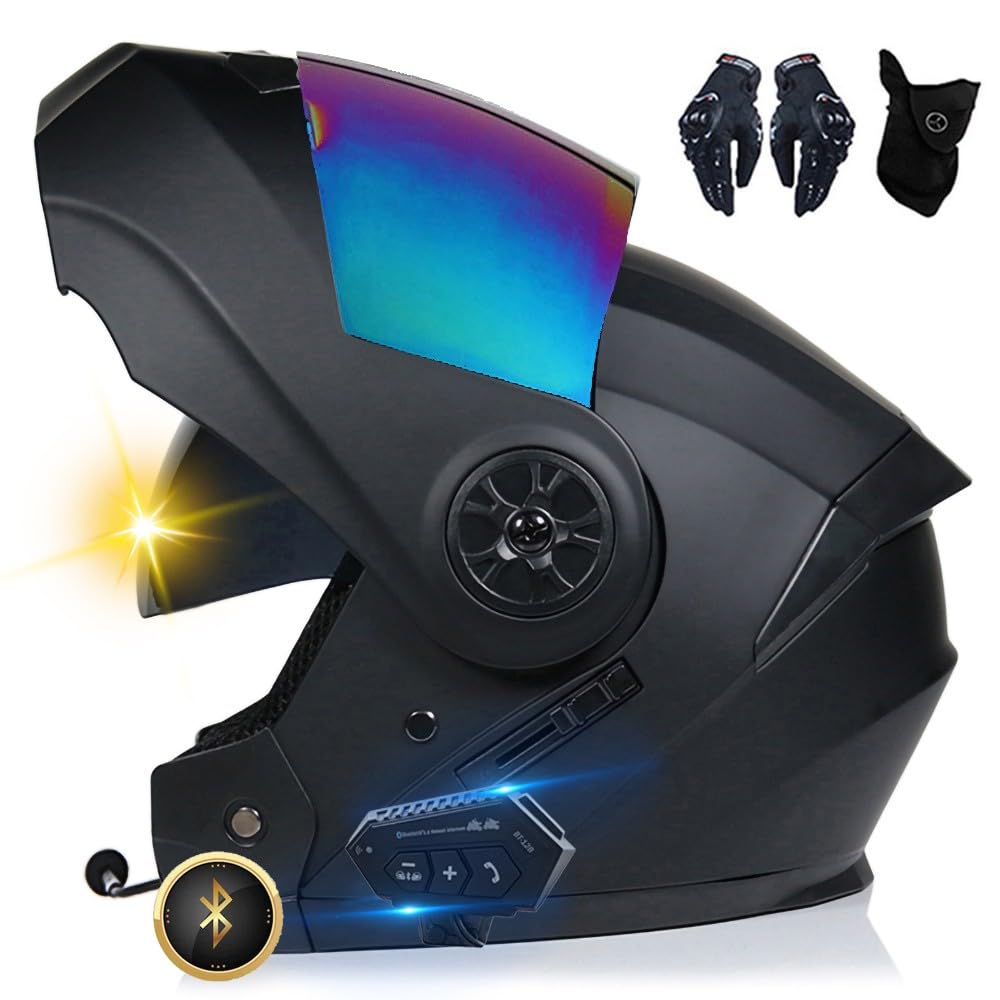 Bluetooth Motorradhelm, Vollvisierhelm mit 2 Fahrern Helm Bluetooth Intercom DOT/ECE Genehmigt, Leicht, Klapphelm mit Doppelvisier, Modularer Helm für Erwachsene Männer Frauen S~XL von XYYYM