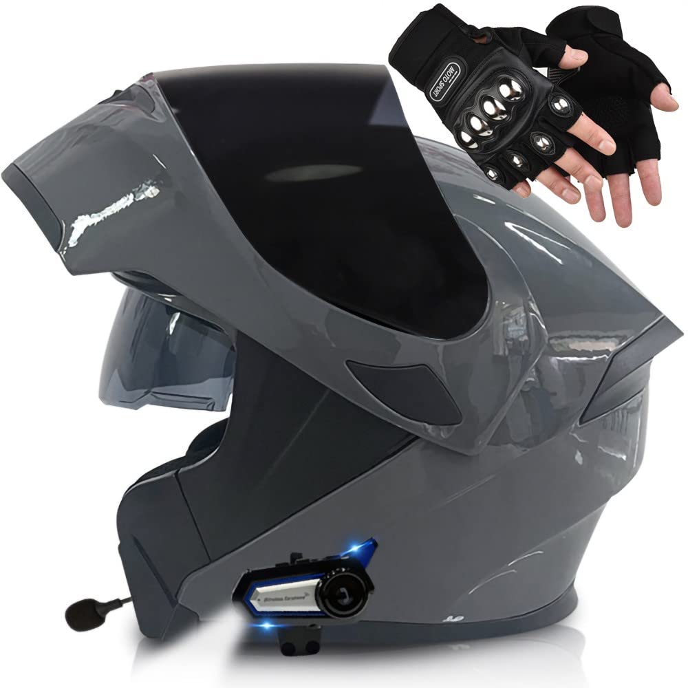 Motorrad Bluetooth Helm Klappbarer Helm Freisprecheinrichtung, Geräuschfrei, Automatische Antwort, Doppelvisier, Modularer Helm Motorradhelm ECE Geprüft, Bluetooth Mit Licht von XYYYM