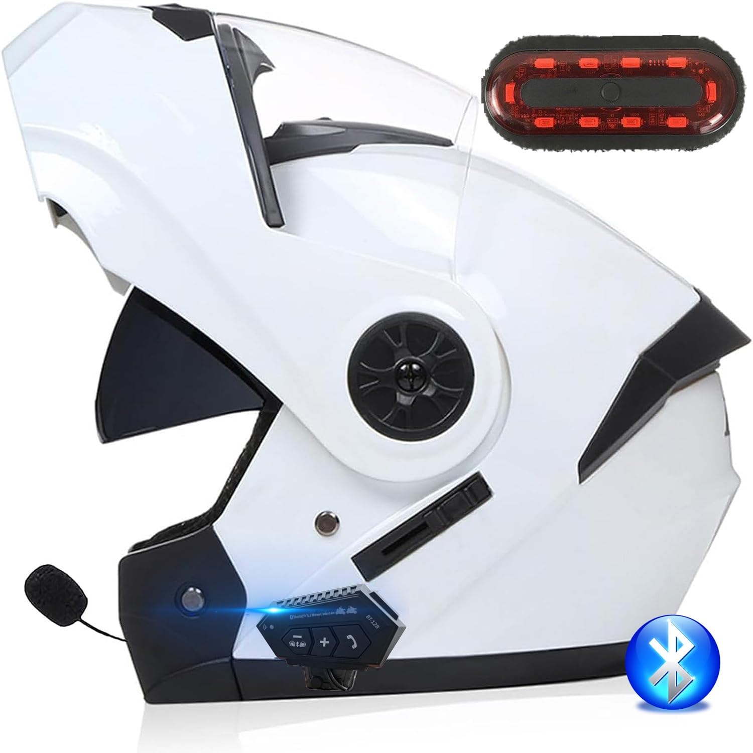 Motorradhelm mit Gegensprechanlage Bluetooth, ECE Geprüfte Klapphelme Zwei Visieren Integrierter Vollvisierhelm Mikrofon Zwei Lautsprechern für Erwachsene Männer Frauen, Rücklicht von XYYYM
