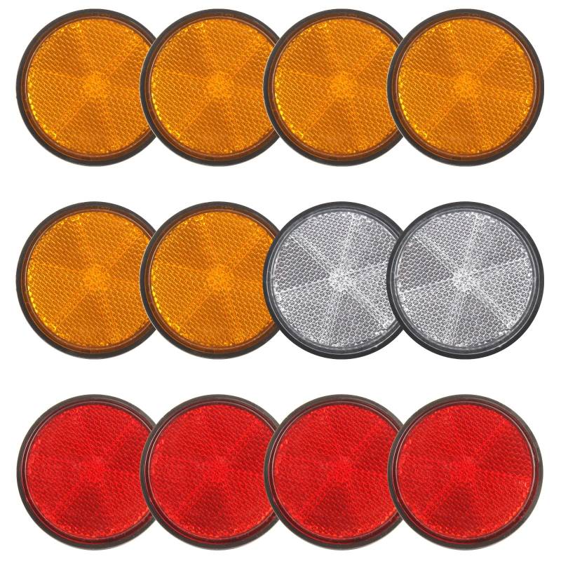 Xbessc 12 Stück Katzenauge Reflektor 58mm Katzenaugen Reflektoren Runde Reflektoren zum Anschrauben Kunststoff Rund Rückstrahler Orange Weiss Rot mit Schrauben Muttern für Pkw Anhänger LKW Traktoren von Xbessc