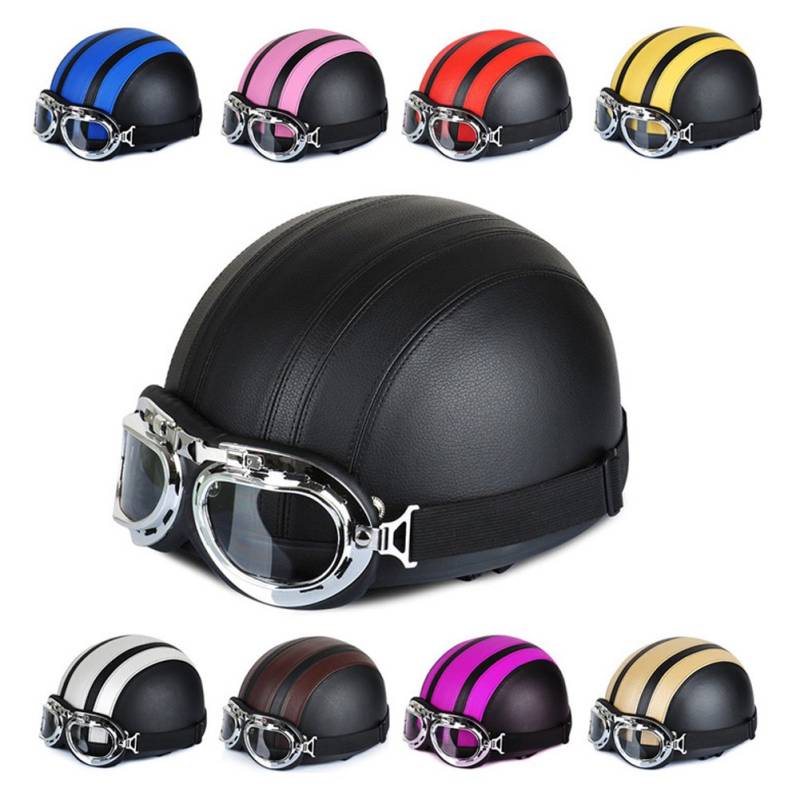 Xiaokesong Motorrad Roller Open Face halbes Leder Helm mit UV Schutzbrille Retro Vintage Style 54-60cm von Xiaokesong
