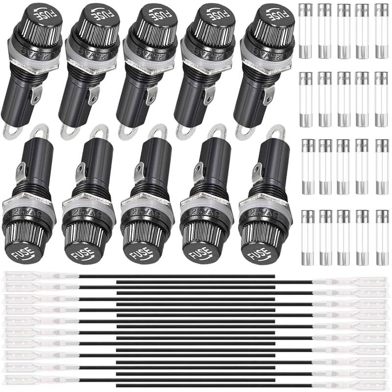 Xiatiaosann 10 Stück Sicherungshalter für Schalttafelmontage, 6x30mm 250VAC 10A, 125VAC 15A schwarzer Sicherungshalter mit Schraubverschluss und flinker Sicherung für Radio automatische Stereoanlage von Xiatiaosann
