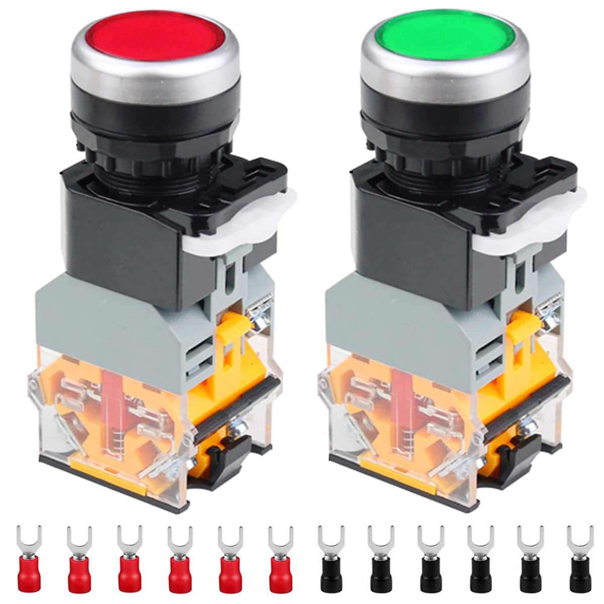 Xiatiaosann 2 Stück 24V 22mm Momentaner Druckknopfschalter 10A 2 Farbe (Rot/Grün) LA38-11DN 1NO 1NC LED Anzeige Licht Schalter für Heimwerker mit 12 Stück Gabelkabelschuhe von Xiatiaosann