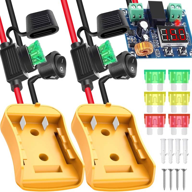 Xiatiaosann 2 Stück Power Wheel Adapter für Dewalt Akku 18V 20V Batterieadapter Dock Stromanschluss für Arbeitsleuchte RC Auto Robotik, mit 12AWG-Kabelbaumschalter, Akkuanschluss für Elektrowerkzeuge von Xiatiaosann